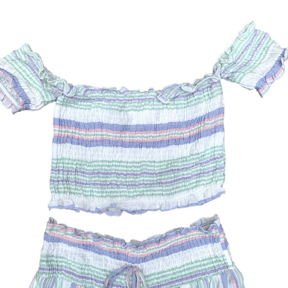 Kiwi & Punch Two Piece Set Pant Set Crop Top Stripe White Purple Green NEW Large - Picture 3 of 13